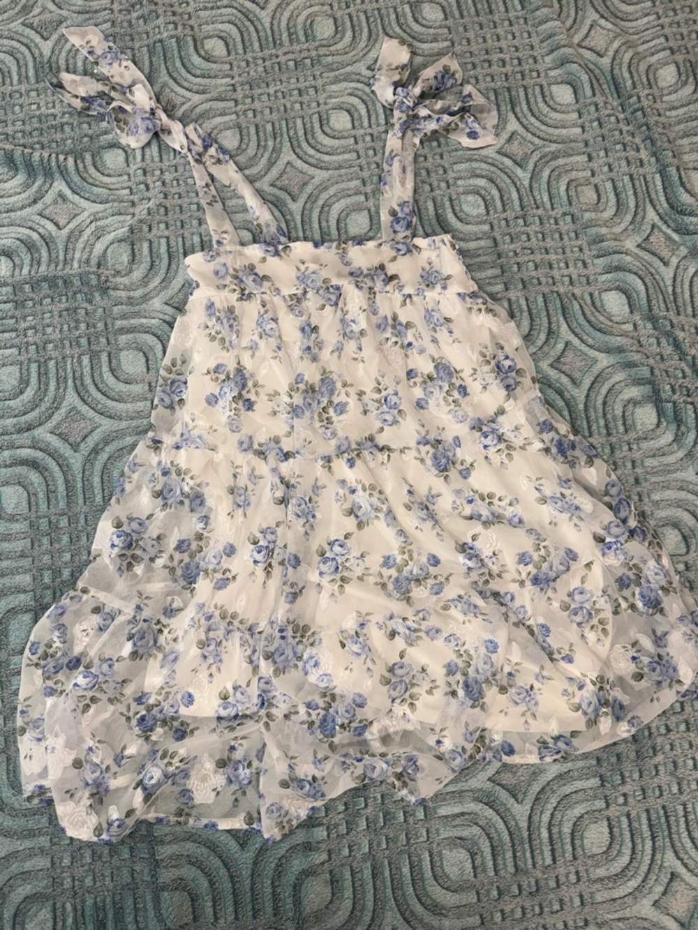 Women’s Floral Sundress with Tie Straps - White and Blue